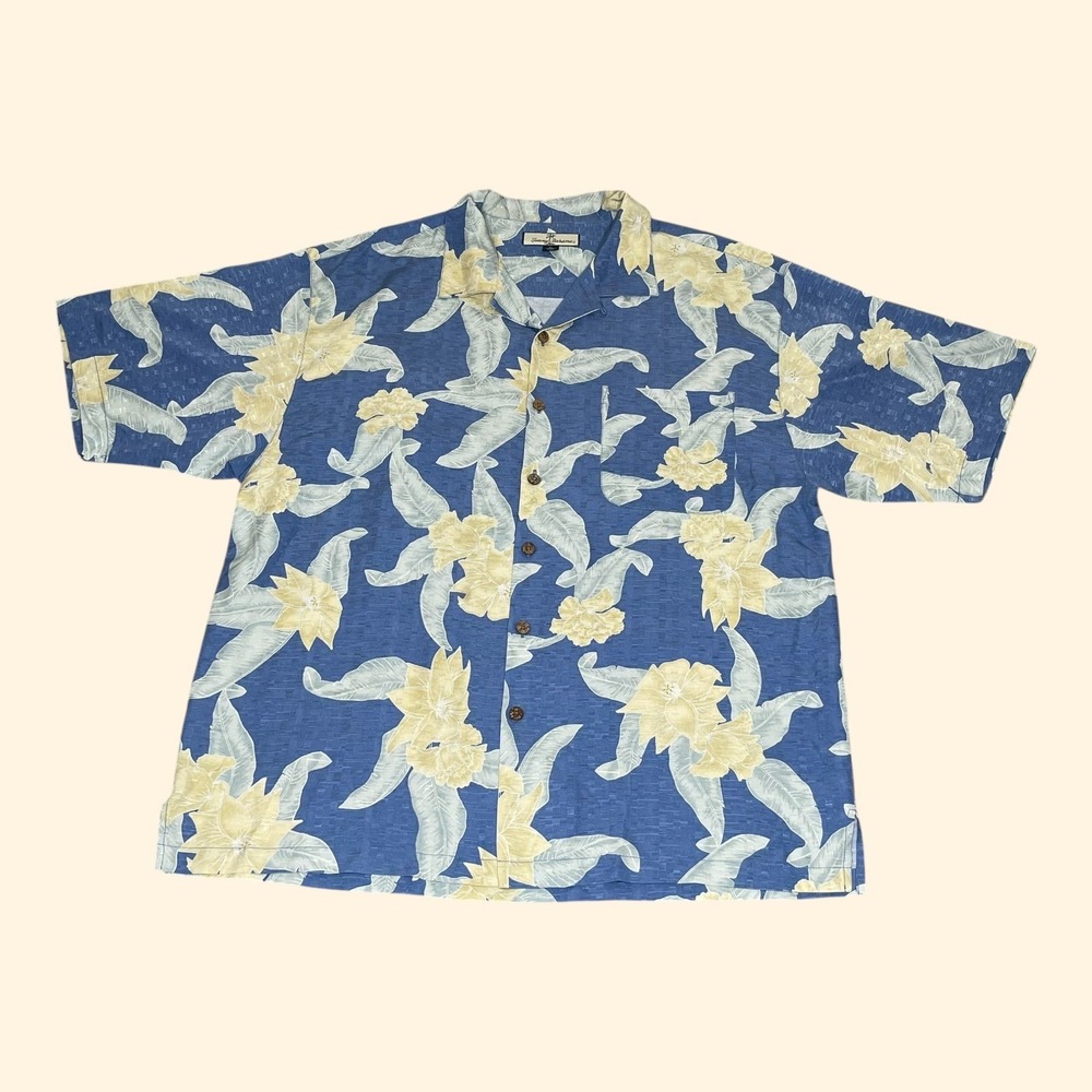 Tommy Bahama Mens XL Silk Floral Camp Shirt Blue Yellow Jacquard Tropical Aloha